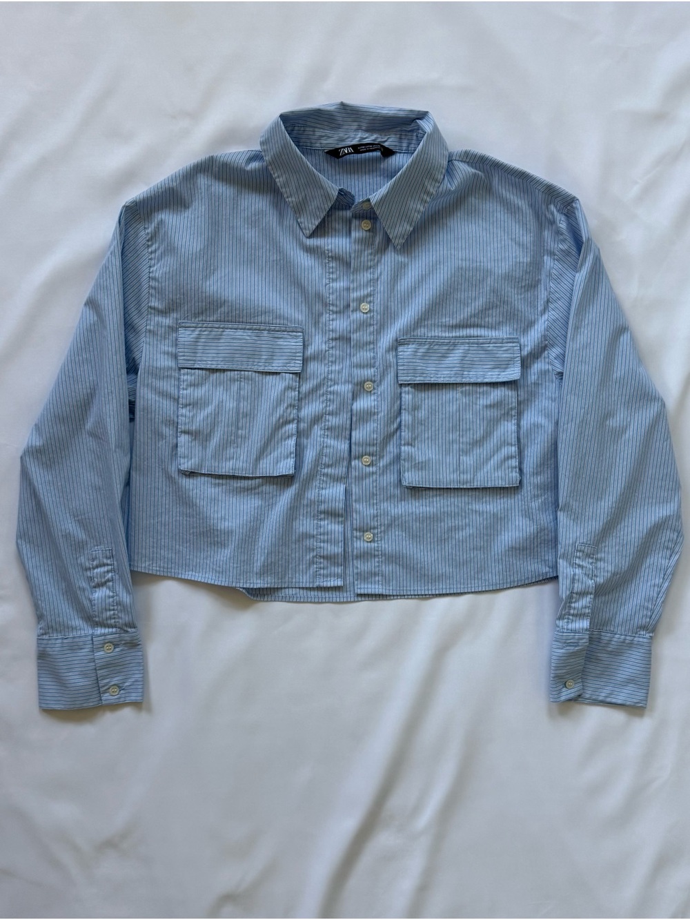 Zara Blue & White Striped Cropped Button-Down Shirt